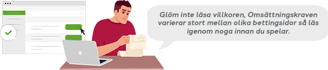 En bild som visar vikten av att läsa igenom bonusvillkoren hos bettingbolaget.