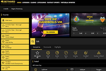 Bethards startsida för odds där de erbjudna matcherna och sporterna syns.