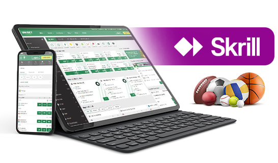 Sportmarknaderna från operatören på olika mobila enheter och Skrill-logotypen.
