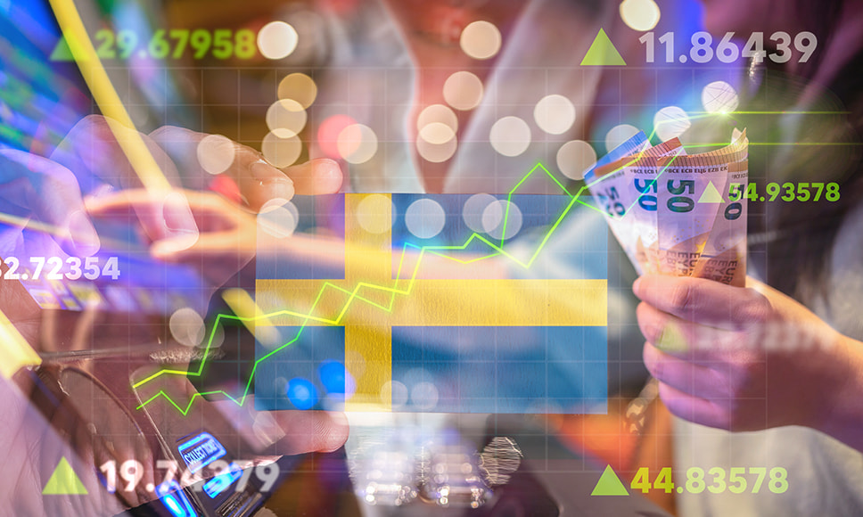 Uppåtgående grafer med spelautomat, sedlar och svensk flagga