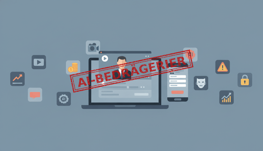 Illustration av AI-bedrägerier med en laptop, smartphone och digitala ikoner, stämplad med texten "AI-BEDRÄGERIER"